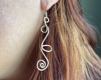 Silver Swirl Earrings, Freeform Earrings, Doodle Silver Spiral Earrings, Silver Drop Earrings, Boho Style Jewelry, 925 Earrings