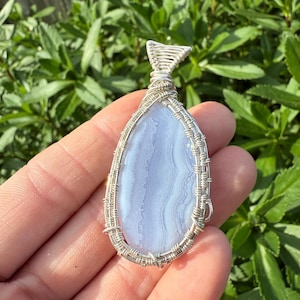 Blue Lace Agate Crystal Pendant Necklace, Bohemian Chakra Jewelry, Banded Agate Wire Wrapped Handmade Gift