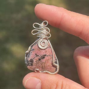 Rhodonite Gemstone Necklace, Rhodonite Crystal Pendant Wire Wrapped in Silver, Grad Gift, Unconditional Love + Compassion, Necklace Gift