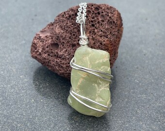Green Prehnite Necklace Natural Crystal Wire Wrapped Peridot Pendant Necklace