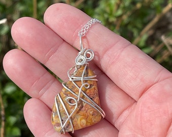 Crazy Lace Agate Stone Necklace, Healing Crystal Pendant Wire Wrap, Yellow Jasper Jewelry Gift