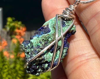 Azurite Malachite Delicate Necklace, Natural Malachite Crystal Cluster Pendant