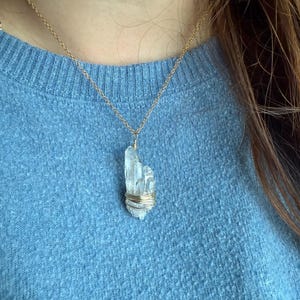 Clear Quartz Point Cluster Gold Pendant Necklace, Natural Stone for Crown Chakra, Wire Wrapped Jewelry by Tumbled Shop