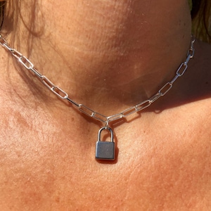 Padlock Necklace, Silver Paper Clip Necklace, Stainless Steel Layering Necklace, Best Friend Gift