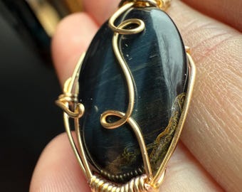 Blue Pietersite Pendant Necklace - Wire Wrapped Crystal Pendant - Silver Necklace - Wire Wrapped Necklace - Gift For Her