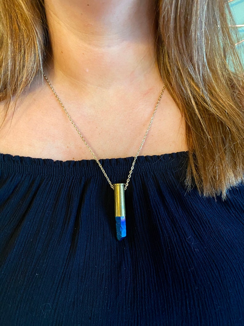 Ammo Necklace Brass Crystal Ammo Pendant Quartz Point Ammo Jewelry Titanium Necklace Crystal Bullet Necklace Bullet Canister Necklace