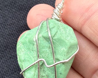 Chrysoprase Pendant Necklace, Natural Green Chrysoprase Gemstone Necklace Wire Wrapped
