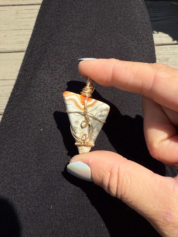 Crazy Lace Agate Necklace, Orange Banded Agate Pendant, Wire