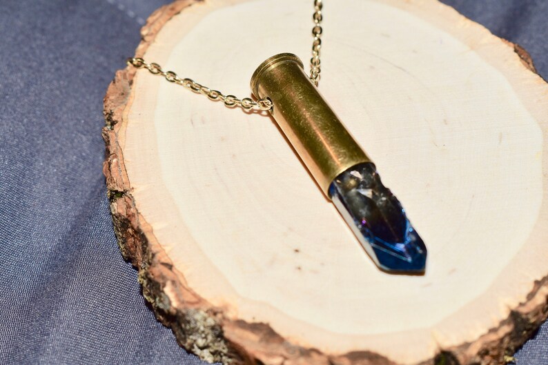Ammo Necklace Brass Crystal Ammo Pendant Quartz Point Ammo Jewelry Titanium Necklace Crystal Bullet Necklace Bullet Canister Necklace