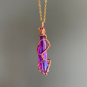 Purple Flame Aura Quartz Necklace Wire Wrapped Crystal Point Rainbow Aura Quartz Aura Pendant