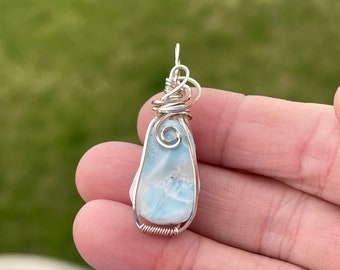 Larimar Stone Necklace in Silver, Wire Wrapped Healing Gemstone Pendant, Blue Tropical Larimar Crystal