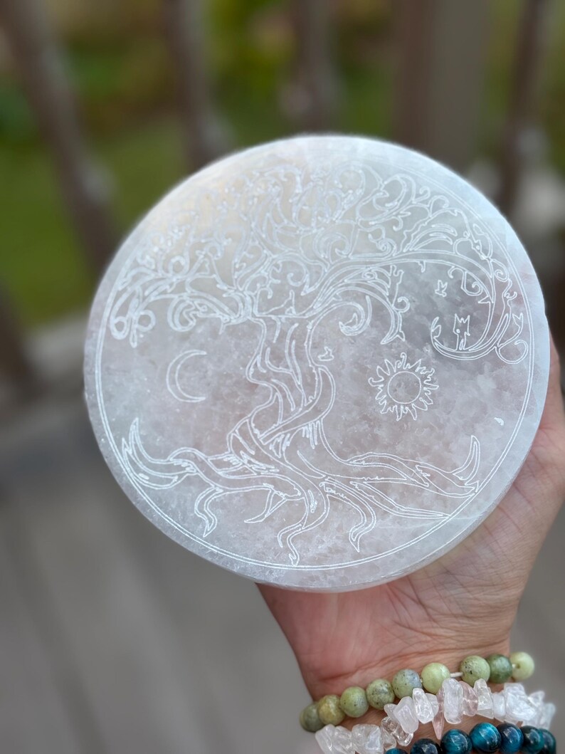 5.6 Beautiful Selenite Charging Plate With Tree of Life Sun Moon