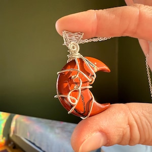 Red Jasper Moon Crystal Necklace, Silver Stone Pendant, Birthstone Jewelry, Boho Silver Necklace