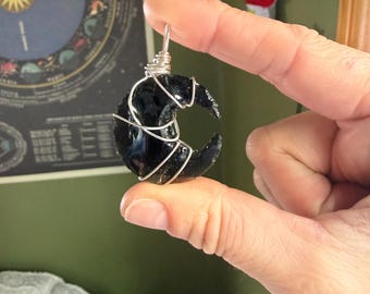 Black Obsidian Crescent Moon Phase Necklace, Crystal Necklace, Black Hematite Blocks Negativity, Protection Stone