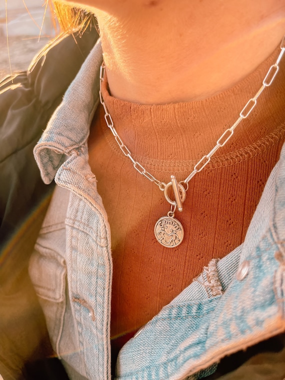 Personalized Silver Toggle Bar Necklace T bar Zodiac Necklace Statement Link Chain Women Necklace Layering Zodiac Jewelry Etsy