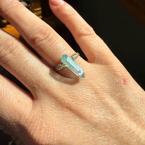 Aqua Aura Quartz Rings, Blue Crystal Point Necklace, Wire Wrapped Aura Quartz Crystal Rings, Wire Wrapped Rings, Sterling Silver Plated