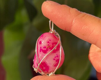 Pink Agate Necklace, Vibrant Colorful Pendant, Wire Wrapped Banded Agate Necklace