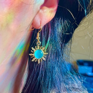 Sun Gemstone Earrings, Crystal Earrings, Dangle Star 14K Gold Earrings Minimalist Earrings Sun Drop Hoops Boho Jewelry indie Earrings