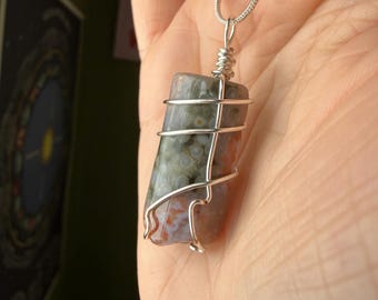 Ocean Jasper Pendant Necklace Natural Crystal, Orbicular Jasper Pendant Sterling Silver Chain included