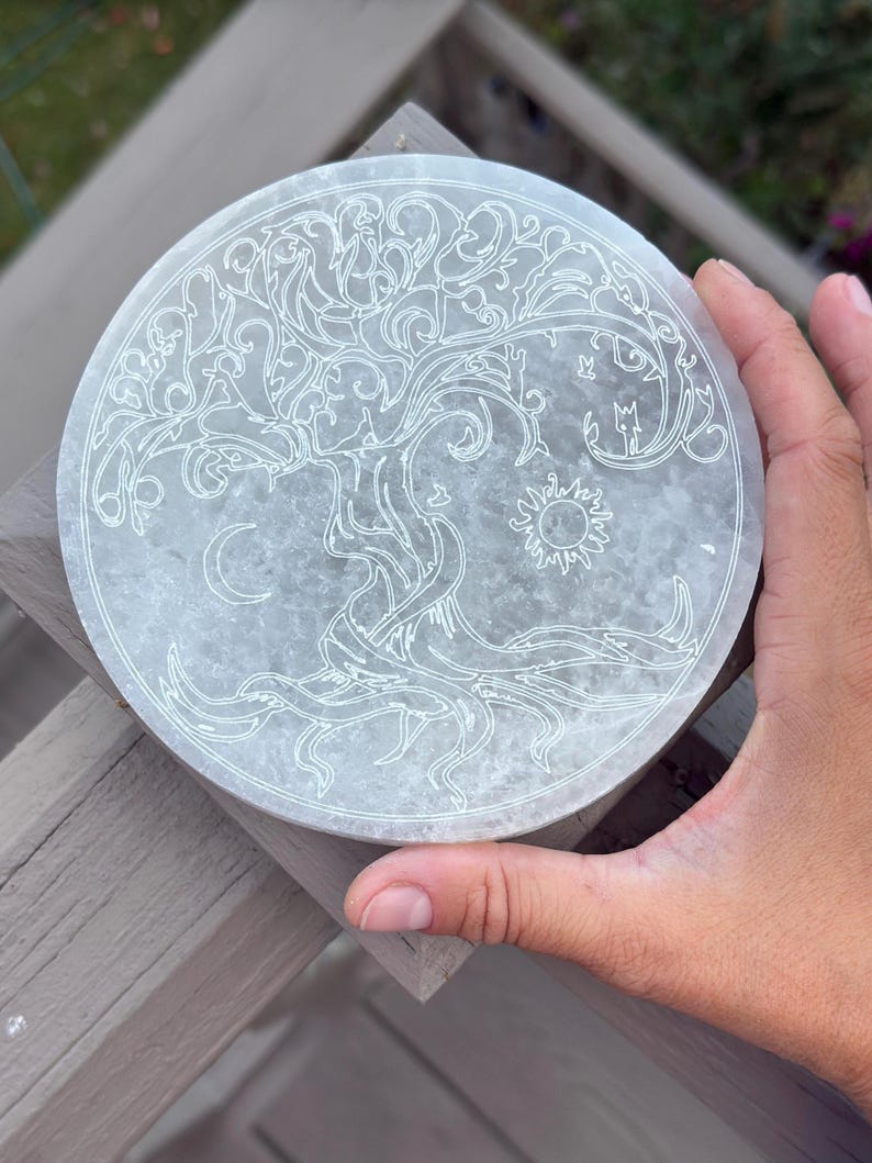 5.6 Beautiful Selenite Charging Plate With Tree of Life Sun Moon