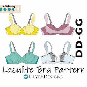 Puede incluir: Un patrón digital para un sujetador lazulit, con cuatro variaciones de color diferentes. El patrón es para tallas de copa DD-G. El nivel de dificultad es intermedio. El patrón es de Lilypad Designs.