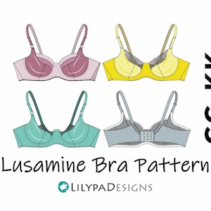May include: Four different bra patterns in pink, yellow, teal, and gray. The bra patterns are labeled "Lusamine Bra Pattern" and "GG-K-K".