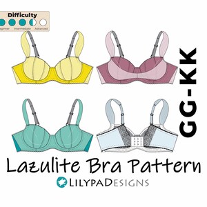 Puede incluir: Una ilustración digital de cuatro patrones de sujetador diferentes, cada uno en un color diferente. Los patrones de sujetador están etiquetados como "Lazulite Bra Pattern" y "GG-KK". El nivel de dificultad se indica como "Intermedio".