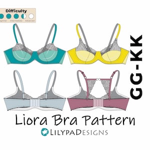Puede incluir: Un diseño de patrón de sujetador con cuatro variaciones de color: turquesa, amarillo, azul claro y malva. El diseño incluye detalles de encaje y tirantes ajustables. El texto "Liora Bra Pattern" se muestra debajo.
