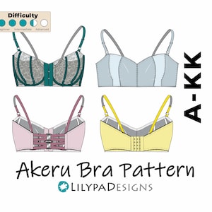 Könnte beinhalten: Ein A-KK Akeru BH-Schnittmuster von Lilypad Designs. Vier BH-Schnittmuster werden in verschiedenen Farben gezeigt: Türkis, Hellblau, Rosa und Gelb. Der Schwierigkeitsgrad wird als mittel eingestuft.