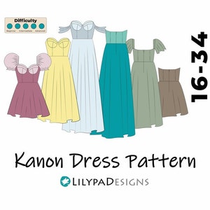 Könnte beinhalten: Ein Schnittmuster für ein Kanon-Kleid in den Größen 16-34. Das Schnittmuster umfasst fünf verschiedene Kleidmodelle in verschiedenen Farben, darunter Gelb, Blau, Türkis, Grün und Braun. Der Schwierigkeitsgrad ist als mittel eingestuft.