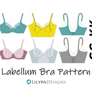 以下が含まれることがあります： 異なる色とスタイルのブラパターン6点セット。パターンには「Labellum Bra Pattern」と「GG-KK」のラベルが貼られています。
