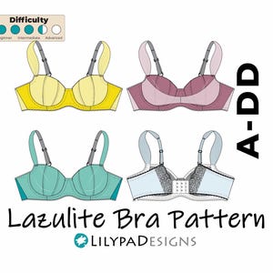 May include: A digital pattern for a lazulit bra, with four different color variations: yellow, pink, teal, and blue. The pattern is for sizes A-DD and is labeled as intermediate difficulty.