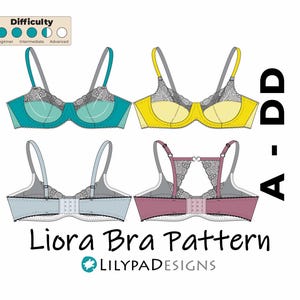 Puede incluir: Un diagrama de cuatro sujetadores diferentes en verde azulado, amarillo, gris y malva. Los sujetadores están etiquetados A-DD y presentan detalles de encaje. El texto "Liora Bra Pattern" se muestra debajo, con el logotipo de Lilypad Designs.