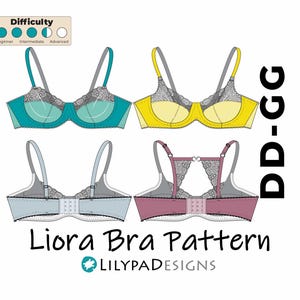 May include: An illustration of a bra pattern in teal, yellow, light blue, and mauve. The design includes lace detailing and adjustable straps. The text "Liora Bra Pattern" and "DD-CG" are visible, along with a difficulty indicator.
