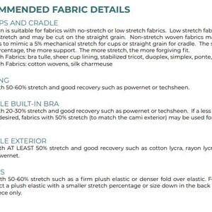 Może przedstawiać: Przewodnik po zalecanych szczeg&oacute;łach dotyczących tkanin do miseczek i miseczek biustonosza, skrzydeł biustonosza, wbudowanego biustonosza w gorset, zewnętrznej części gorsetu i gumki. Przewodnik zawiera zalecany odsetek rozciągliwości i rodzaje tkanin dla każdej części odzieży.