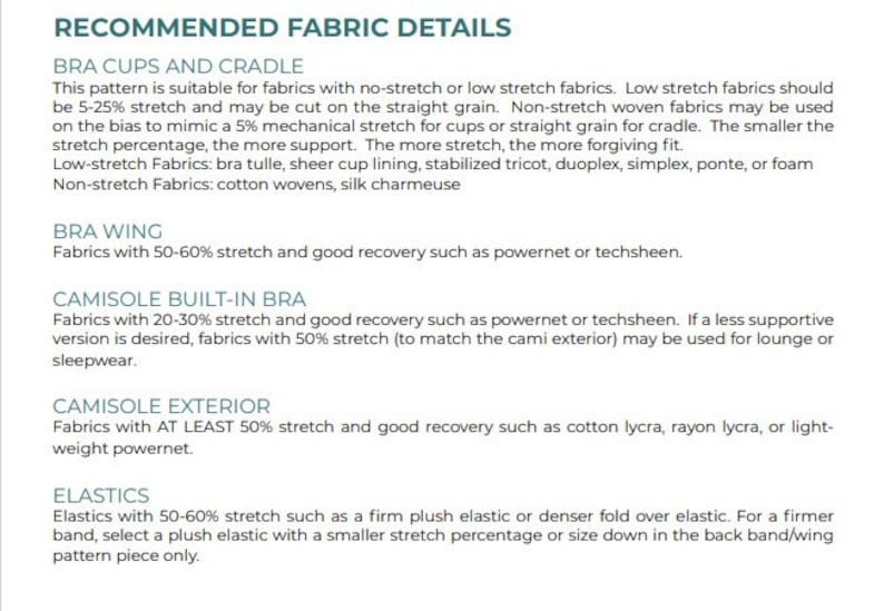 Może przedstawiać: Przewodnik po zalecanych szczeg&oacute;łach dotyczących tkanin do miseczek i miseczek biustonosza, skrzydeł biustonosza, wbudowanego biustonosza w gorset, zewnętrznej części gorsetu i gumki. Przewodnik zawiera zalecany odsetek rozciągliwości i rodzaje tkanin dla każdej części odzieży.