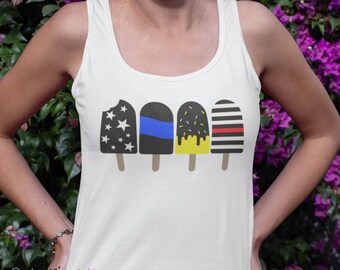 First Responder Support Fourth of July Popsicle Inspired Racerback Tank; Tanque Slim Fit para Mujer; Camiseta sin mangas del Día de la Independencia