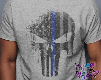 Punisher Thin Blue Line Inspired T-Shirt; Police Support Shirt for Men Women and Youth