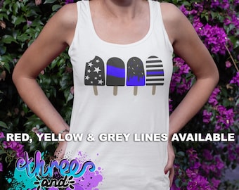 Tanque del 4 de julio inspirado en la línea azul delgada; Camiseta sin mangas fina de línea roja, amarilla y gris; Camiseta de tirantes unisex del Día de la Independencia entallada