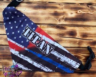 Personalized Name Thin Blue Line and American Flag Pride Dog Bandana with Removable Collar