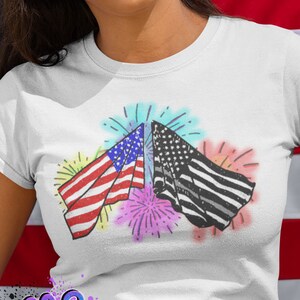 Fourth of July American Flag Thin Grey Line Firework Inspired Tee Corrections Support T-Shirt in Unisex Women and Youth Sizes Independence
