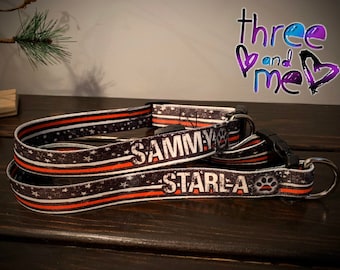 Thin Red Line Personalized Name Dog Collar; FirefighterThemed Dog Collar
