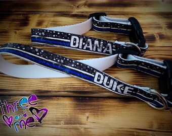 Thin Blue Line Personalized Name Dog Collar; Police Themed Dog Collar