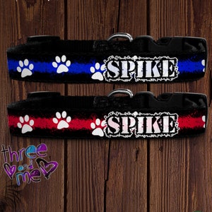 Coleira de cachorro inspirada em linha azul fina e linha vermelha fina com estampas de patas; Colar com nome personalizado; Coleira inspirada em socorristas, polícia e bombeiro