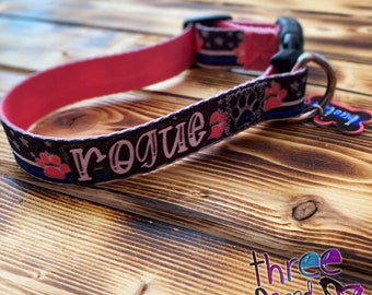 Thin Blue Line Pink Paw Prints Personalized Name Dog Collar; Police Themed Dog Collar; Female Dog Cop Collar