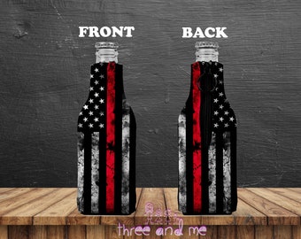 Lata de botella inspirada en la bandera de línea roja delgada y lata delgada Cozie; Aislante de botella: botella de cerveza de apoyo de bombero