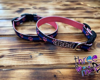 Thin Blue Line, Thin Red Line Inspired Dog Collar Pink Paw Prints; Custom Name Collar; First Responders, Police, Firefighter Inspired Collar