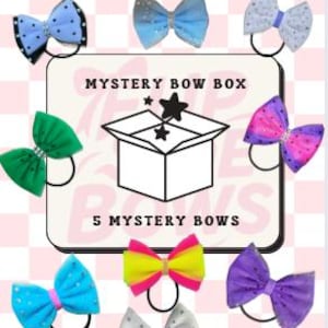 May include: An assortment of colorful hair bows, including pink, blue, green, yellow, and purple. The image features a "Mystery Bow Box" graphic with the text "5 Mystery Bows". The bows are on black elastic bands.
