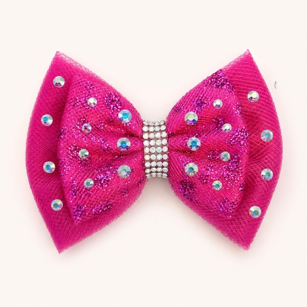 Double Pink Gymnastics Bow with Rhinestone Bling – Custom Hair Accessory