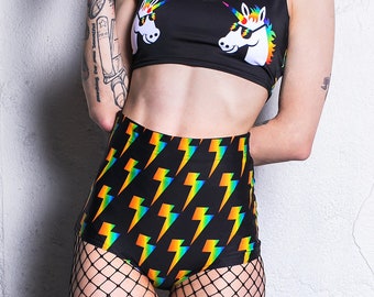 Thunder Shorts, shorts met hoge taille, festivalshorts, ravebootyshorts, gymshorts dames, festivalkleding, raveset, paaldanskleding